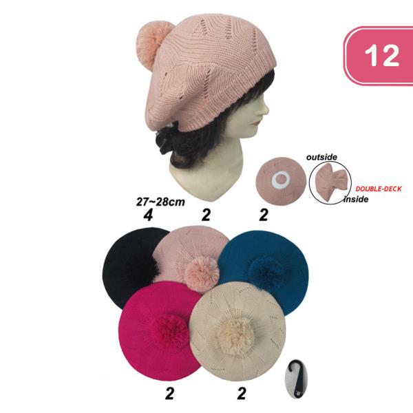 KNIT BERET HAT WITH POM POM (12 UNITS)