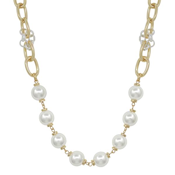 12MM PEARL LAYERED LINKED  CHAIN ACCENT SHORT NECKLACE