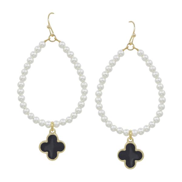 TEARDROP PEARL WITH EPOXY CLOVER CHARM EARRING