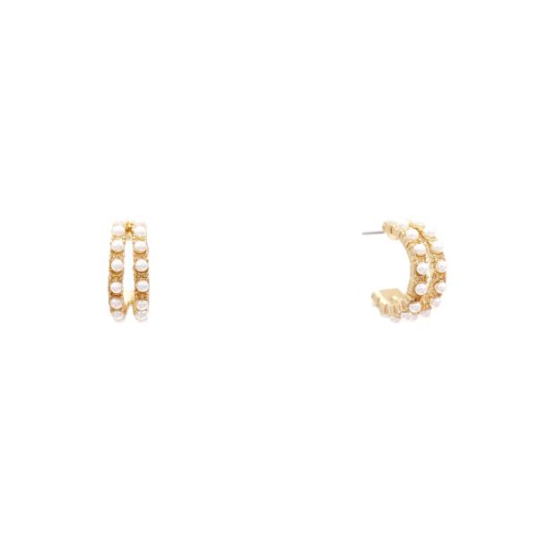 PEARL BEAD PAVED OPEN C HOOP EARRING