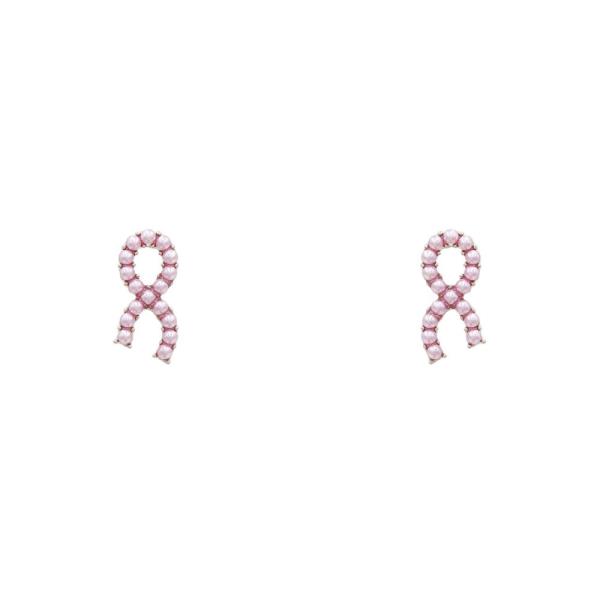 PEARL BEAD PAVED PINK RIBBON STUD EARRING