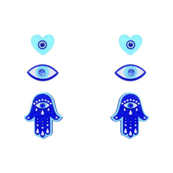 HAMSA EVIL EYE STUD 3 PAIR SET EARRING