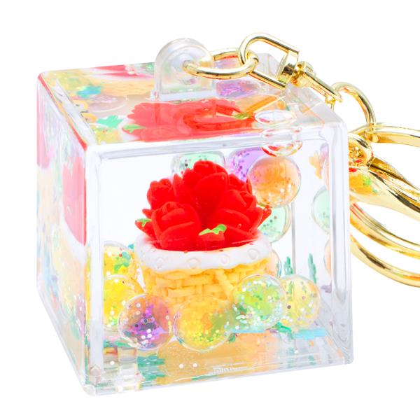 CUBE FLOWER FLOATING BUBBLE BAG CHARM KEY CHAIN W STRAP