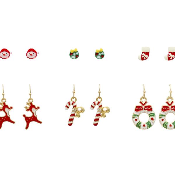 CHRISTMAS STUD AND DANGLE 6 PAIR SET EARRING