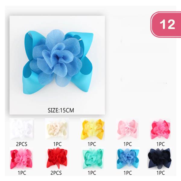 FLOWER RIBBON HAIR BOW PIN (12 UNITS)