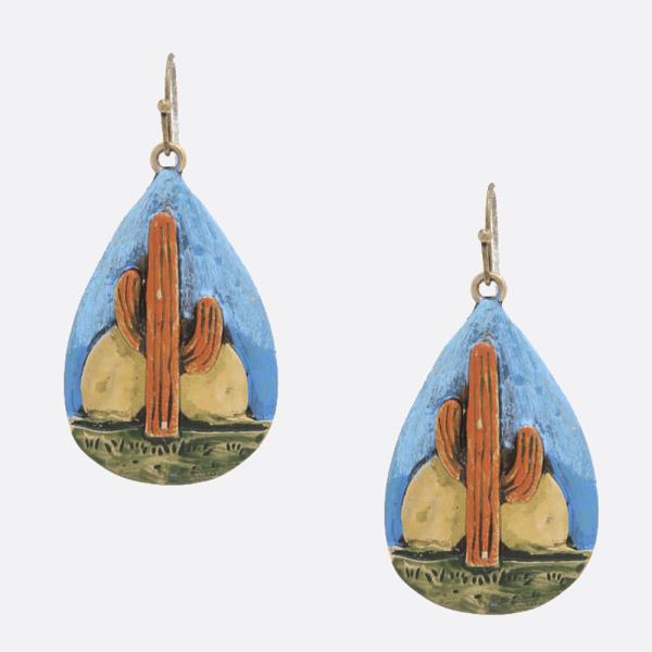 WESTERN STYLE CACTUS PRINT TEARDROP DANGLE EARRING