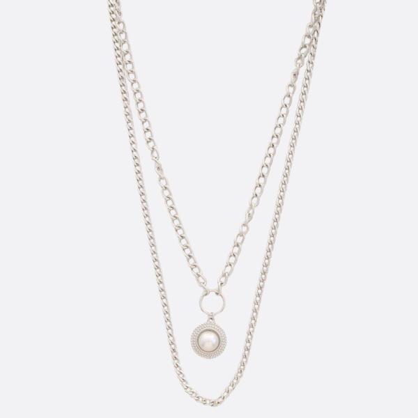 ROUND PEARL BEAD LAYERED METAL NECKACE