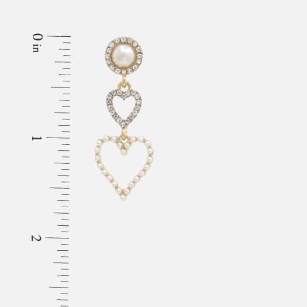 DOUBLE HEART PEARL RHINESTONE DANGLE EARRING