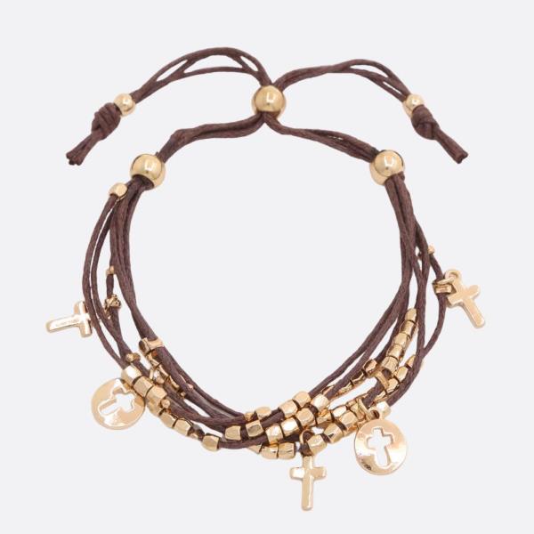 CROSS COIN CHARM BEADED THREAD BRACELET