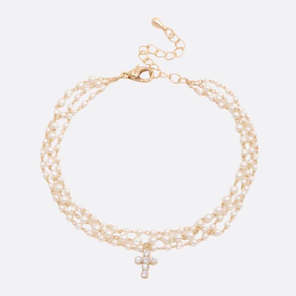 CROSS CHARM PEARL BEAD LAYERED BRACELET