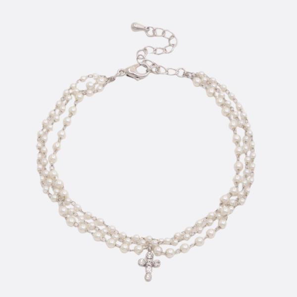 CROSS CHARM PEARL BEAD LAYERED BRACELET