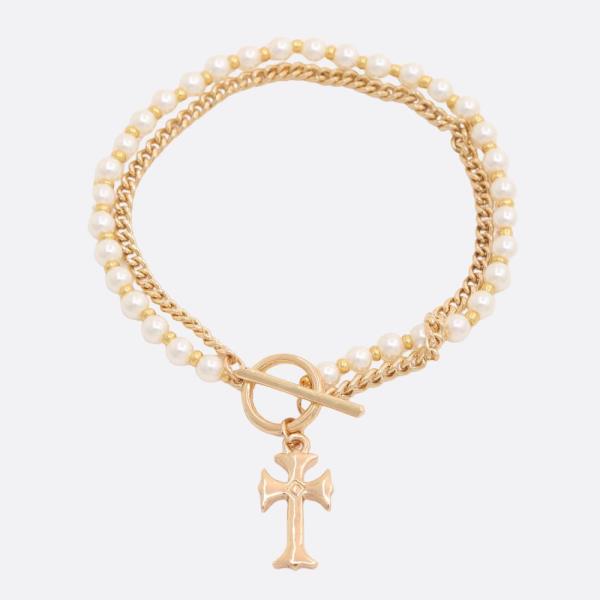 CROSS CHARM TOGGLE PEARL BEAD LAYERED BRACELET