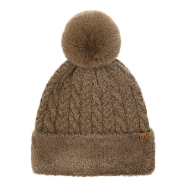 CC CABLE KNIT FUR CUFF POM BEANIE