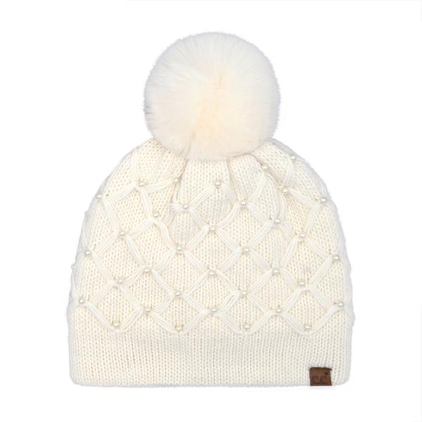 CC ALL OVER PEARL CROCHET POM BEANIE