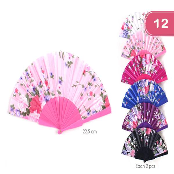 ASSORTED COLOR FLORAL SILKY FAN (12 UNITS)