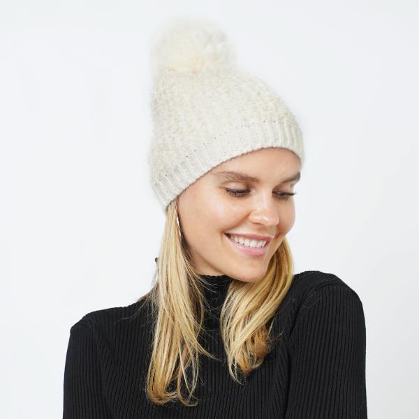 FRINGE LUREX KNIT BEANIE WITH POM POM