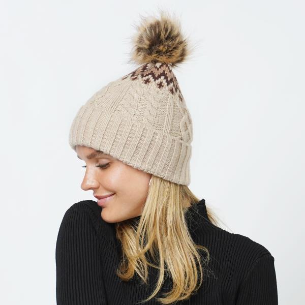 ETHNIC KNIT BEANIE WITH POM POM