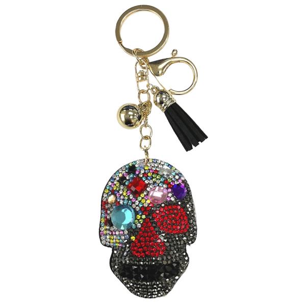 RHINESTONE SUGAR SKULL KEYCHAIN WITH TASSEL