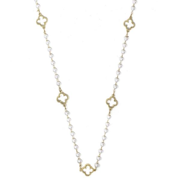 METAL PEARL CLOVER STATION NECKLACE