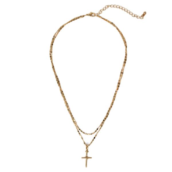 2 LAYERED METAL CHAIN CROSS PENDANT NECKLACE