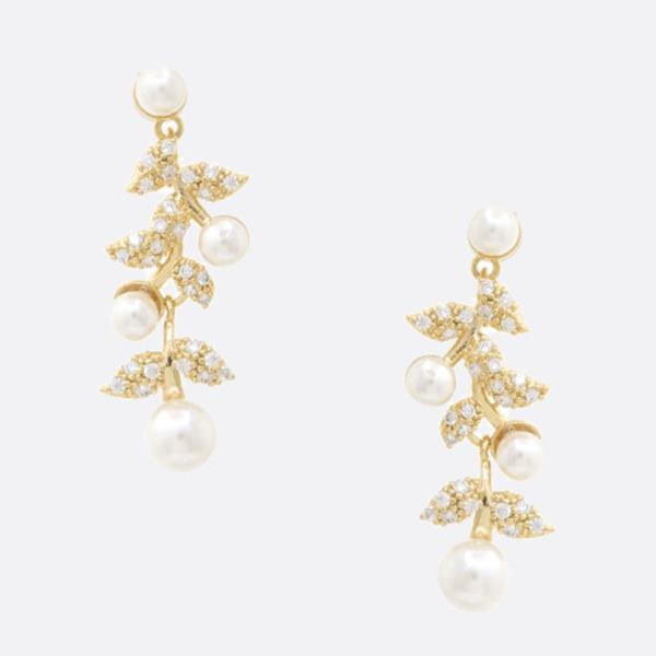 SODAJO CZ PEARL BEAD LEAF GOLD DIPPED EARRING