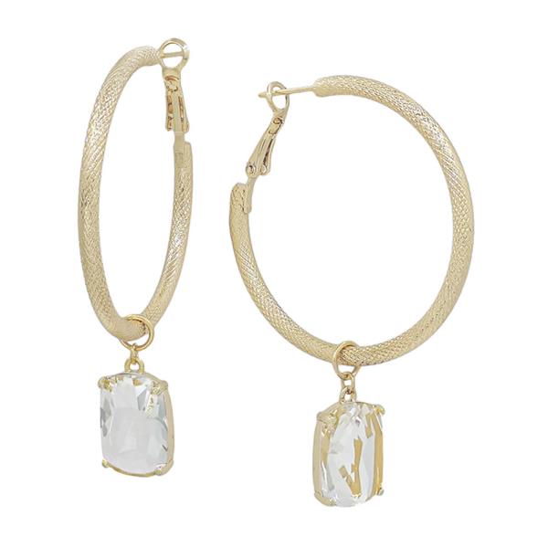 TEXTURED METAL HOOP WITH GLASS CHARM EARRING