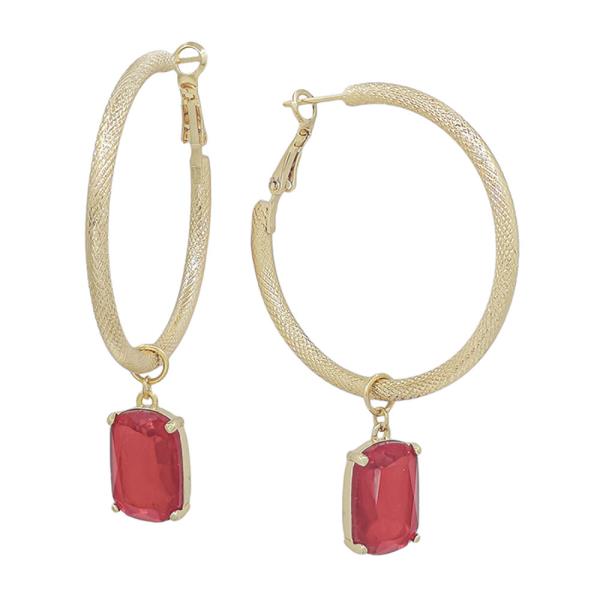 TEXTURED METAL HOOP WITH GLASS CHARM EARRING