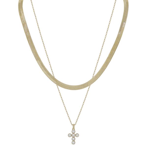 2 LAYER PEARL CROSS PENDANT  WITH SNAKE CHAIN SHORT NECKLACE