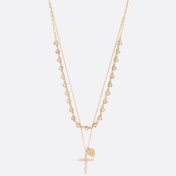 RHINESTONE CROSS HEART LINK LAYERED NECKLACE