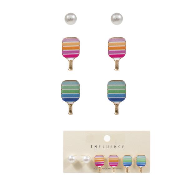 PICKLEBALL PEARL AND PADDLE STUD 3 PAIR  SET EARRING