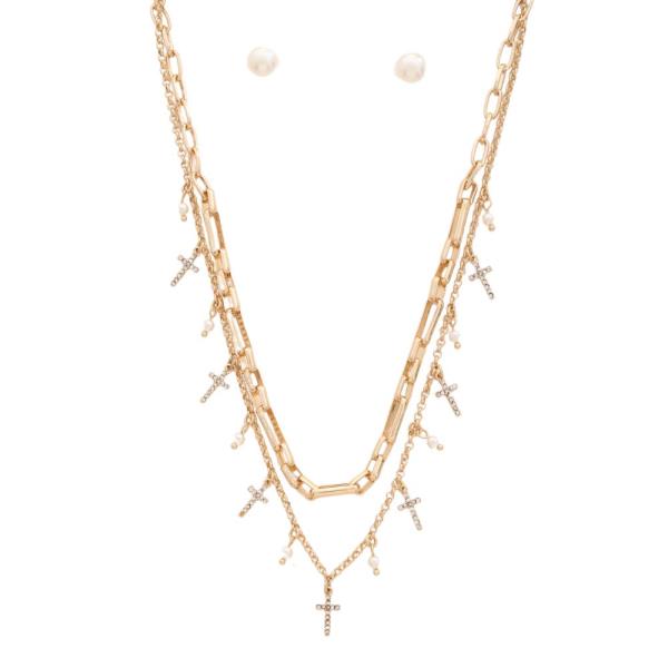 CROSS RHINESTONE DAINTY PEARL BEAD LAYERED NECKLACE