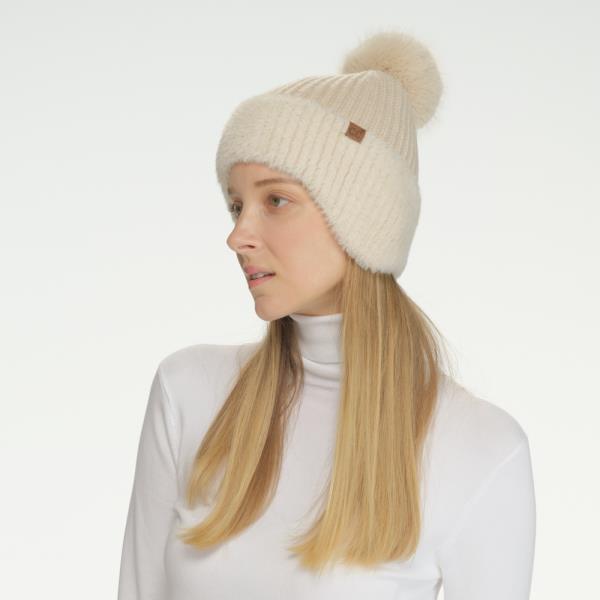 CC FUR EARFLAP POM BEANIE HAT