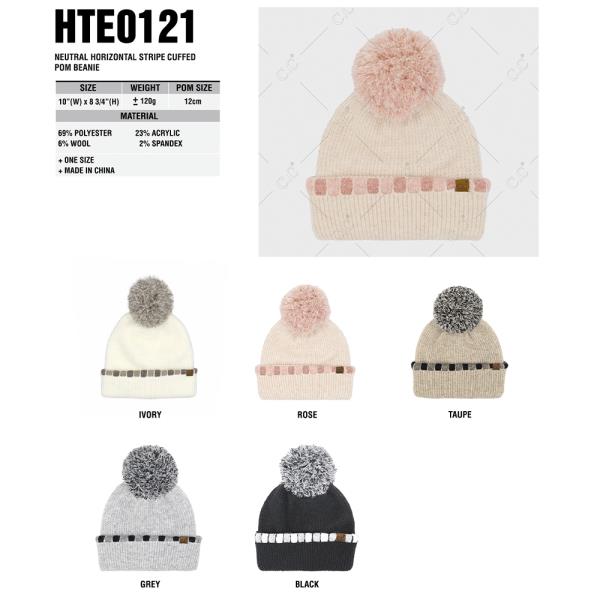 CC NEUTRAL HORIZONTAL STRIPE CUFFED POM BEANIE