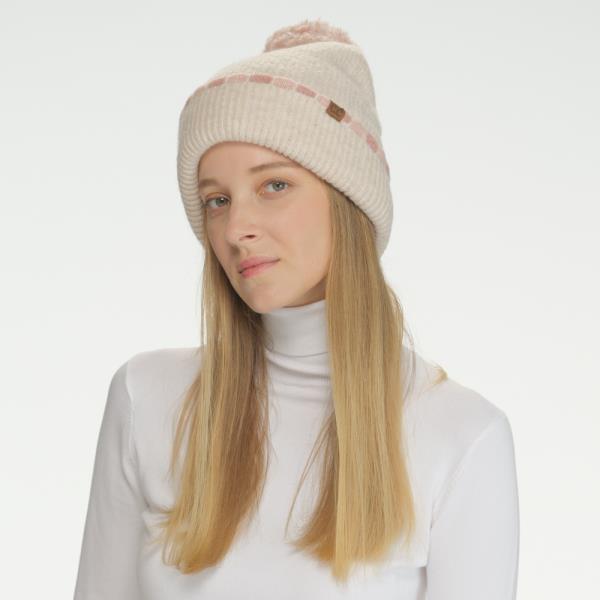 CC NEUTRAL HORIZONTAL STRIPE CUFFED POM BEANIE