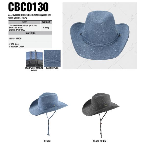 CC ALL OVER RHINESTONE DENIM COWBOY HAT WITH CHIN STRAPS