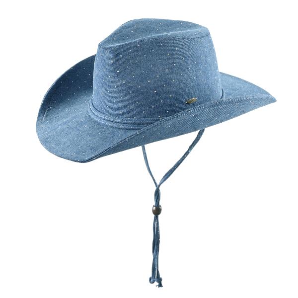 CC ALL OVER RHINESTONE DENIM COWBOY HAT WITH CHIN STRAPS