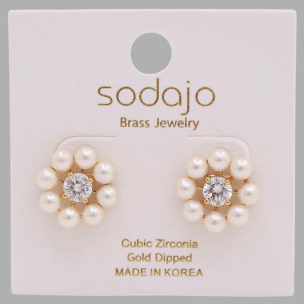 SODAJO FLOWER PEARL CZ GOLD DIPPED EARRING