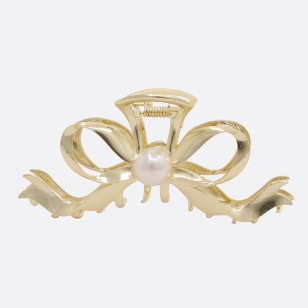 BOW RIBBON PEARL BEAD METAL CLAW HAIR CLIP