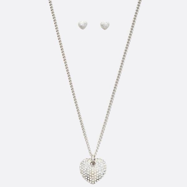 RHINESTONE CRYSTAL PAVED HEART PENDANT CHAIN NECKLACE HEART STUD EARRING SET