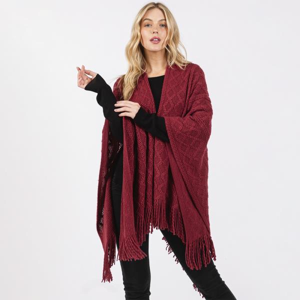 DIAMOND PATTERN TASSEL KNIT RUANA