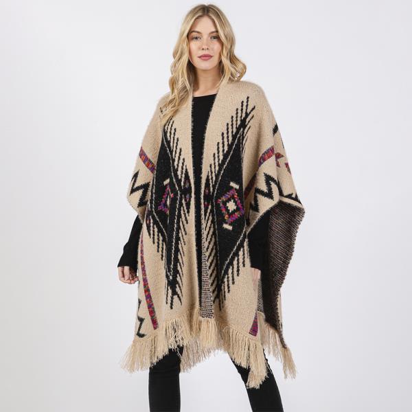 FUZZY AZTEC PATTERN TASSEL KNIT RUANA