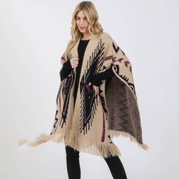 FUZZY AZTEC PATTERN TASSEL KNIT RUANA