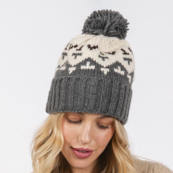 AZTEC PATTERN POM POM BEANIE