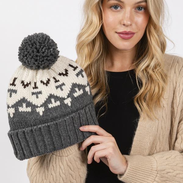 AZTEC PATTERN POM POM BEANIE