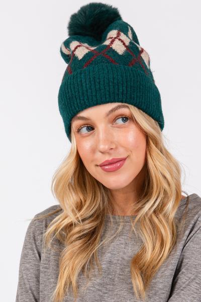 WOOL BLENDED ARGYLE FLEECE POM POM BEANIE