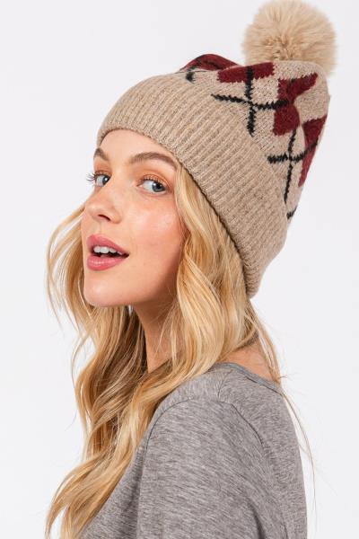 WOOL BLENDED ARGYLE FLEECE POM POM BEANIE