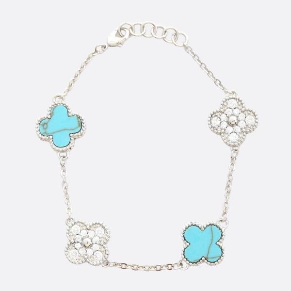 TURQUOISE CZ CLOVER LINK STATION METAL BRACELET