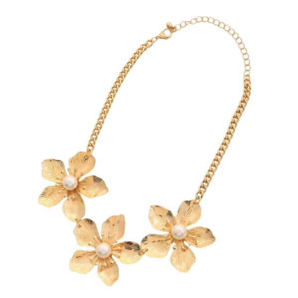 SDJ FLOWER PEARL BEAD METAL CHOKER NECKLACE