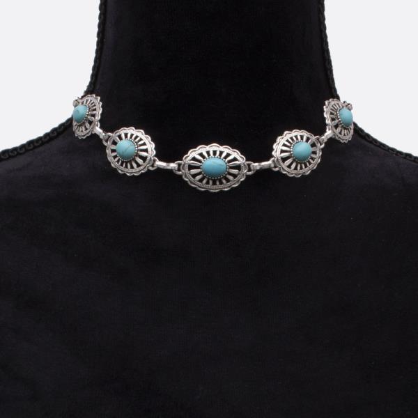 WESTERN STYLE CONCHO TURQUOISE BEAD METAL NECKLACE