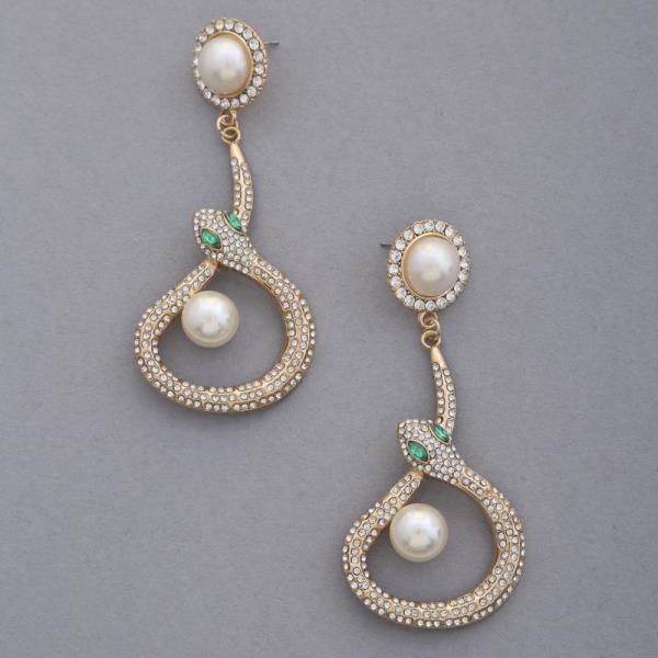 SDJ RHINESTONE SNAKE METAL PEARL BEAD DANGLE EARRING